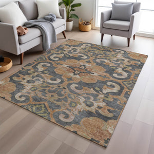 HomeRoots 5' Terra Cotta and Charcoal Damask Area Rug - Stylish, Durable, Washable for Indoor and Outdoor Use 5' X 8' 626908