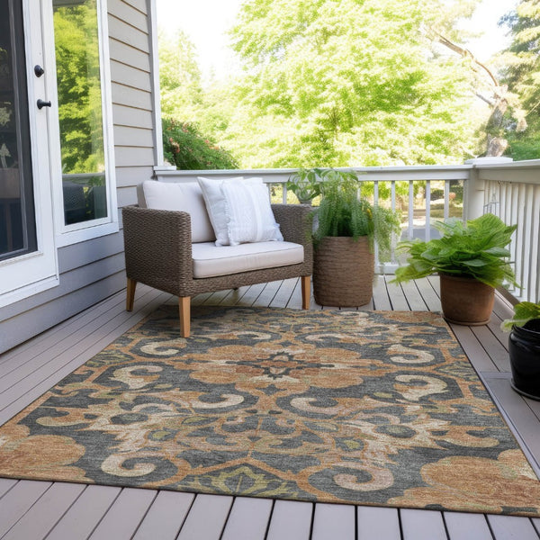 HomeRoots 5' Terra Cotta and Charcoal Damask Area Rug - Stylish, Durable, Washable for Indoor and Outdoor Use 5' X 8' 626908