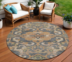HomeRoots 5' Terra Cotta and Charcoal Damask Area Rug - Stylish, Durable, Washable for Indoor and Outdoor Use 8' Round 626909