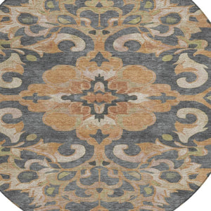HomeRoots 5' Terra Cotta and Charcoal Damask Area Rug - Stylish, Durable, Washable for Indoor and Outdoor Use 8' Round 626909