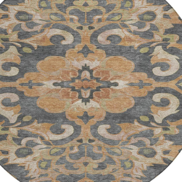 HomeRoots 5' Terra Cotta and Charcoal Damask Area Rug - Stylish, Durable, Washable for Indoor and Outdoor Use 8' Round 626909