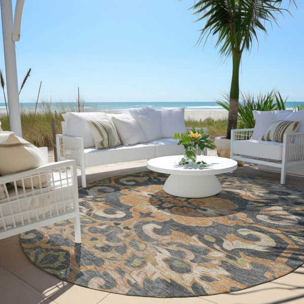 HomeRoots 5' Terra Cotta and Charcoal Damask Area Rug - Stylish, Durable, Washable for Indoor and Outdoor Use 8' Round 626909