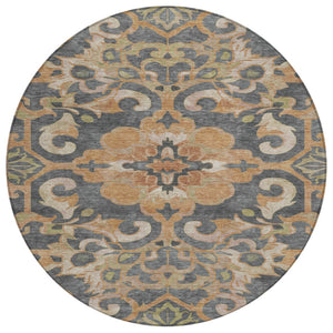 HomeRoots 5' Terra Cotta and Charcoal Damask Area Rug - Stylish, Durable, Washable for Indoor and Outdoor Use 8' Round 626909