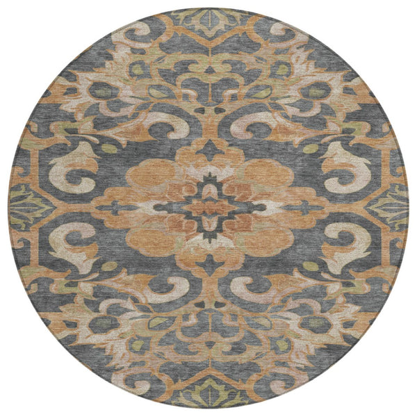 HomeRoots 5' Terra Cotta and Charcoal Damask Area Rug - Stylish, Durable, Washable for Indoor and Outdoor Use 8' Round 626909
