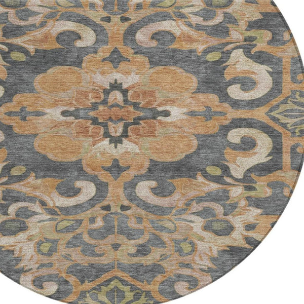 HomeRoots 5' Terra Cotta and Charcoal Damask Area Rug - Stylish, Durable, Washable for Indoor and Outdoor Use 8' Round 626909