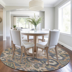 HomeRoots 5' Terra Cotta and Charcoal Damask Area Rug - Stylish, Durable, Washable for Indoor and Outdoor Use 8' Round 626909