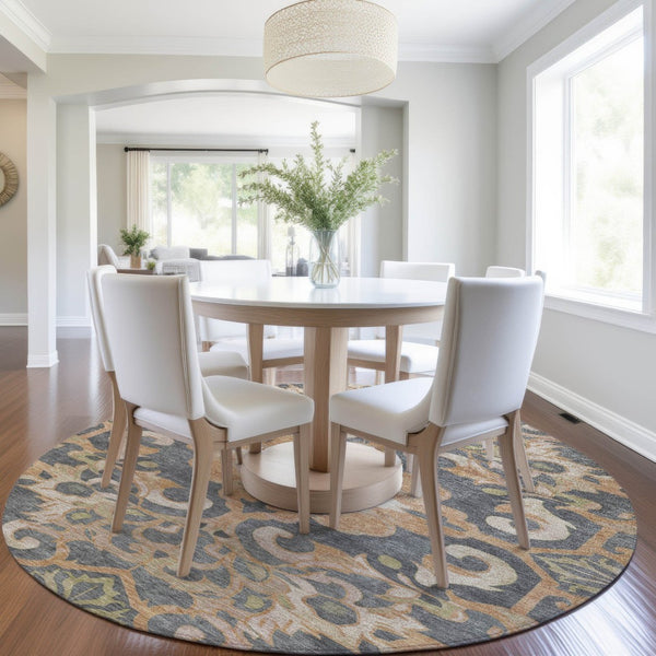 HomeRoots 5' Terra Cotta and Charcoal Damask Area Rug - Stylish, Durable, Washable for Indoor and Outdoor Use 8' Round 626909