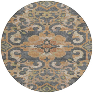 HomeRoots 5' Terra Cotta and Charcoal Damask Area Rug - Stylish, Durable, Washable for Indoor and Outdoor Use 8' Round 626909