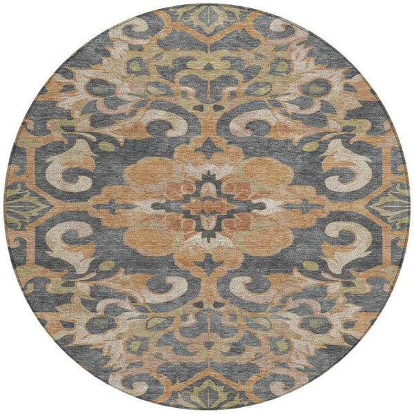 HomeRoots 5' Terra Cotta and Charcoal Damask Area Rug - Stylish, Durable, Washable for Indoor and Outdoor Use 8' Round 626909