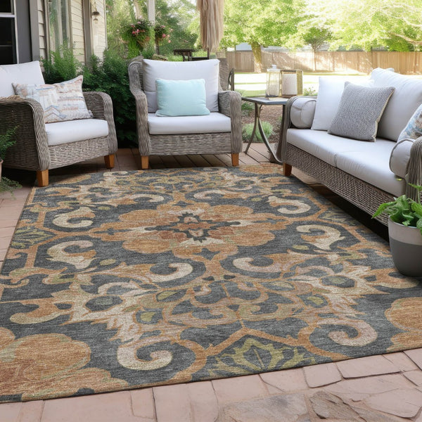 HomeRoots 5' Terra Cotta and Charcoal Damask Area Rug - Stylish, Durable, Washable for Indoor and Outdoor Use 8' X 10' 626910