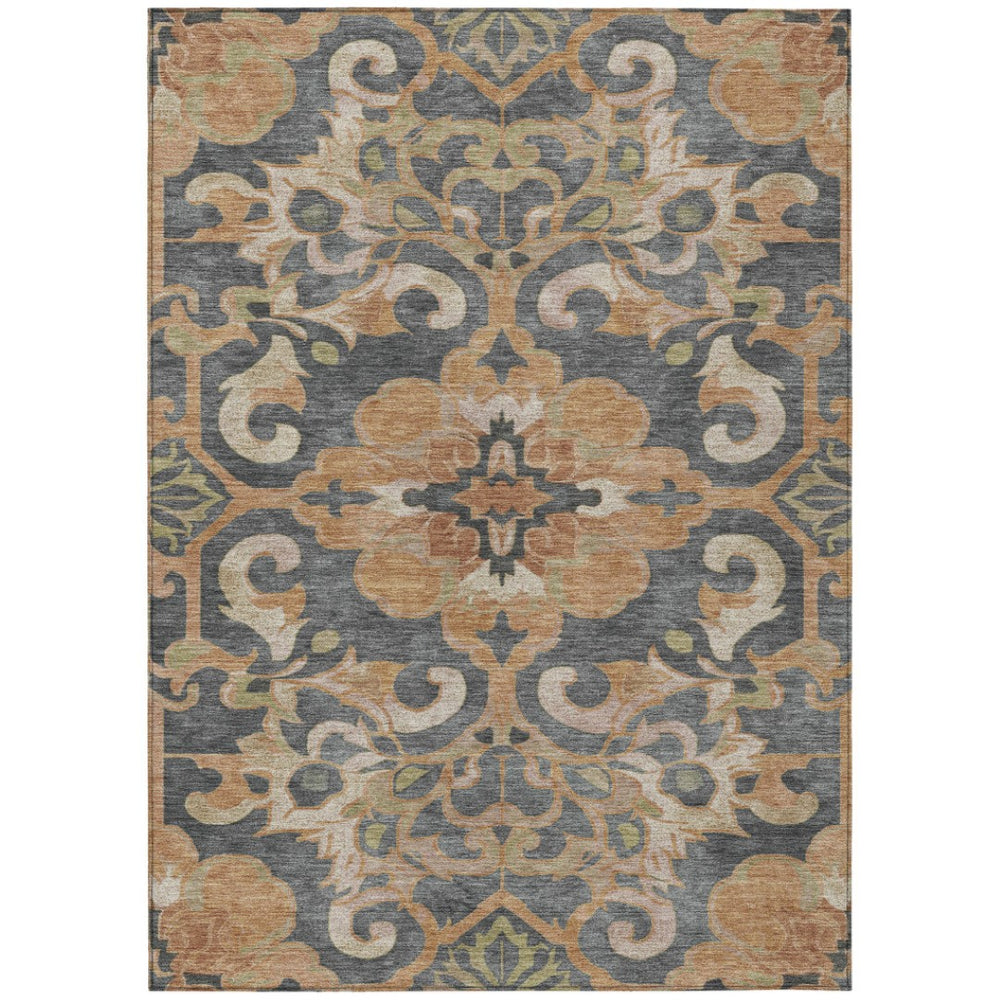 HomeRoots 5' Terra Cotta and Charcoal Damask Area Rug - Stylish, Durable, Washable for Indoor and Outdoor Use 8' X 10' 626910