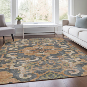 HomeRoots 5' Terra Cotta and Charcoal Damask Area Rug - Stylish, Durable, Washable for Indoor and Outdoor Use 8' X 10' 626910