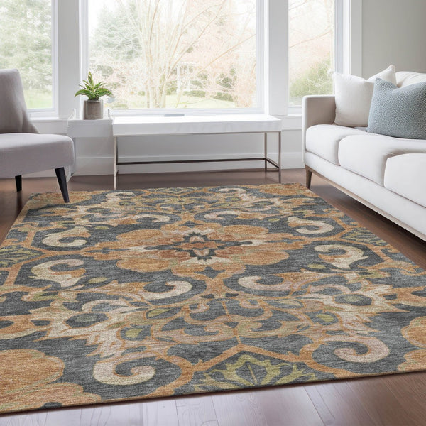 HomeRoots 5' Terra Cotta and Charcoal Damask Area Rug - Stylish, Durable, Washable for Indoor and Outdoor Use 8' X 10' 626910