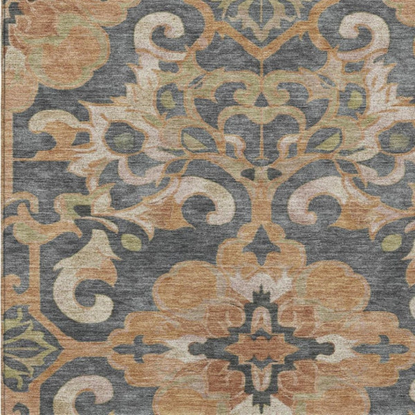 HomeRoots 5' Terra Cotta and Charcoal Damask Area Rug - Stylish, Durable, Washable for Indoor and Outdoor Use 9' X 12' 626911