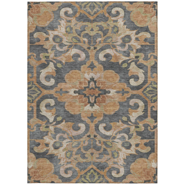 HomeRoots 5' Terra Cotta and Charcoal Damask Area Rug - Stylish, Durable, Washable for Indoor and Outdoor Use 9' X 12' 626911