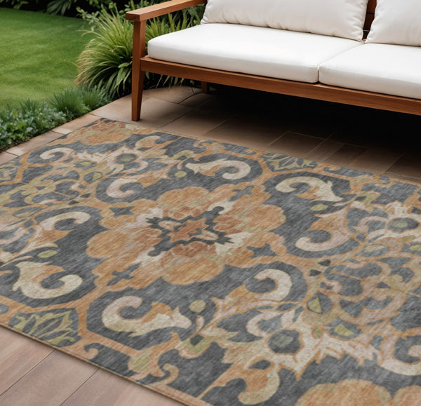 HomeRoots 5' Terra Cotta and Charcoal Damask Area Rug - Stylish, Durable, Washable for Indoor and Outdoor Use 10' X 14' 626912