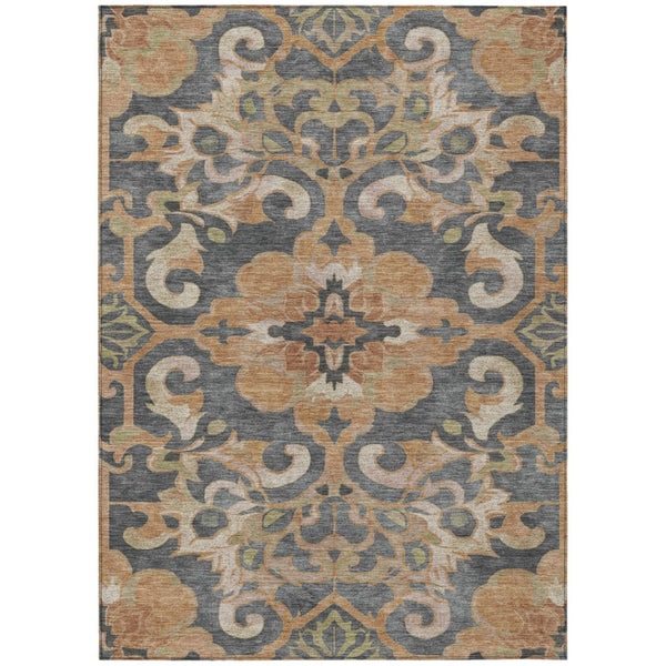 HomeRoots 5' Terra Cotta and Charcoal Damask Area Rug - Stylish, Durable, Washable for Indoor and Outdoor Use 10' X 14' 626912