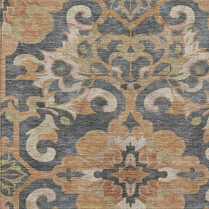 HomeRoots 5' Terra Cotta and Charcoal Damask Area Rug - Stylish, Durable, Washable for Indoor and Outdoor Use 10' X 14' 626912