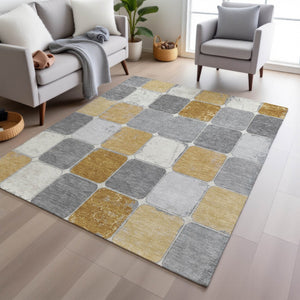 HomeRoots 5' Gold and Gray Geometric Indoor Outdoor Area Rug - Stylish, Washable, and Stain-Resistant Solution 5' X 8' 626937
