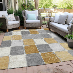 HomeRoots 5' Gold and Gray Geometric Indoor Outdoor Area Rug - Stylish, Washable, and Stain-Resistant Solution 9' X 12' 626940