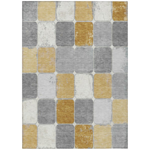 HomeRoots 5' Gold and Gray Geometric Indoor Outdoor Area Rug - Stylish, Washable, and Stain-Resistant Solution 9' X 12' 626940