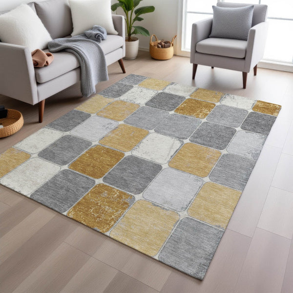 HomeRoots 5' Gold and Gray Geometric Indoor Outdoor Area Rug - Stylish, Washable, and Stain-Resistant Solution 9' X 12' 626940