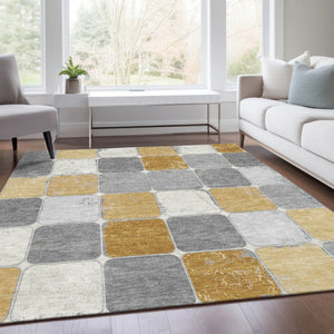 HomeRoots 5' Gold and Gray Geometric Indoor Outdoor Area Rug - Stylish, Washable, and Stain-Resistant Solution 9' X 12' 626940