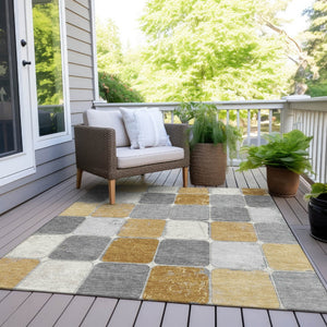 HomeRoots 5' Gold and Gray Geometric Indoor Outdoor Area Rug - Stylish, Washable, and Stain-Resistant Solution 9' X 12' 626940