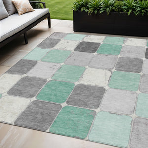 HomeRoots 5' Modern Mint Green and Gray Geometric Washable Area Rug for Indoor and Outdoor Durability 5' X 8' 626943