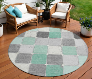 HomeRoots 5' Modern Mint Green and Gray Geometric Washable Area Rug for Indoor and Outdoor Durability 8' Round 626944