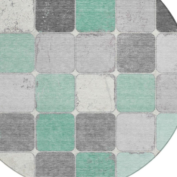 HomeRoots 5' Modern Mint Green and Gray Geometric Washable Area Rug for Indoor and Outdoor Durability 8' Round 626944