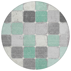 HomeRoots 5' Modern Mint Green and Gray Geometric Washable Area Rug for Indoor and Outdoor Durability 8' Round 626944