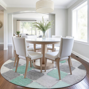 HomeRoots 5' Modern Mint Green and Gray Geometric Washable Area Rug for Indoor and Outdoor Durability 8' Round 626944