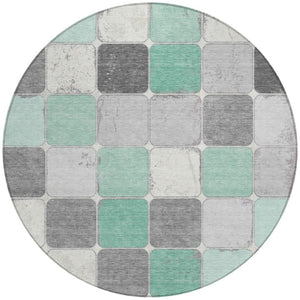 HomeRoots 5' Modern Mint Green and Gray Geometric Washable Area Rug for Indoor and Outdoor Durability 8' Round 626944