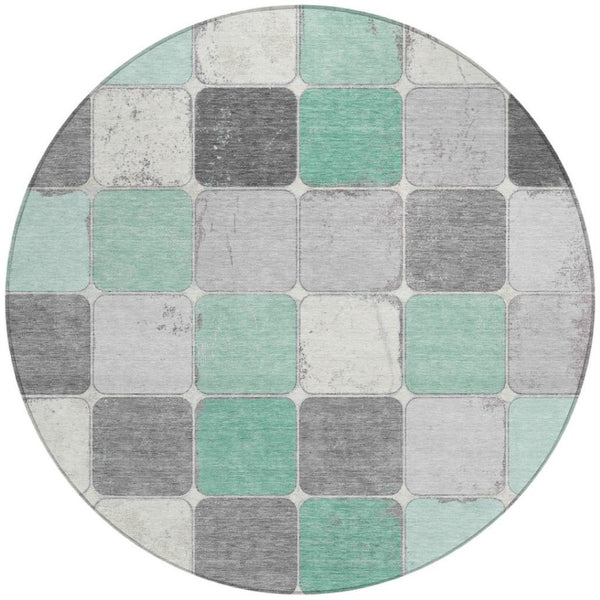HomeRoots 5' Modern Mint Green and Gray Geometric Washable Area Rug for Indoor and Outdoor Durability 8' Round 626944