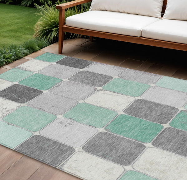 HomeRoots 5' Modern Mint Green and Gray Geometric Washable Area Rug for Indoor and Outdoor Durability 8' X 10' 626945