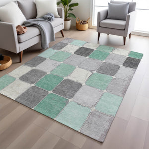 HomeRoots 5' Modern Mint Green and Gray Geometric Washable Area Rug for Indoor and Outdoor Durability 8' X 10' 626945