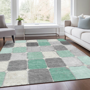 HomeRoots 5' Modern Mint Green and Gray Geometric Washable Area Rug for Indoor and Outdoor Durability 8' X 10' 626945