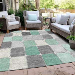 HomeRoots 5' Modern Mint Green and Gray Geometric Washable Area Rug for Indoor and Outdoor Durability 10' X 14' 626947
