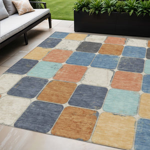HomeRoots 5' Stylish Geometric Area Rug in Rust and Denim Blue - Durable, Washable for Indoor/Outdoor Use 5' X 8' 626949