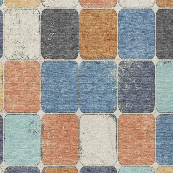 HomeRoots 5' Stylish Geometric Area Rug in Rust and Denim Blue - Durable, Washable for Indoor/Outdoor Use 5' X 8' 626949