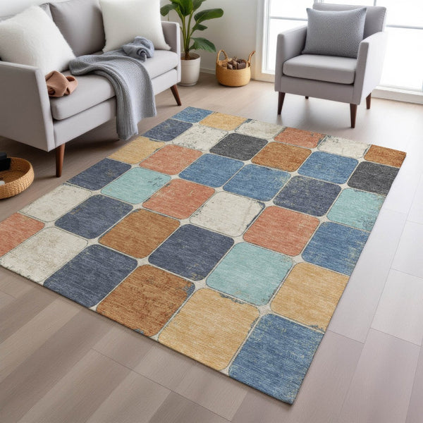 HomeRoots 5' Stylish Geometric Area Rug in Rust and Denim Blue - Durable, Washable for Indoor/Outdoor Use 5' X 8' 626949