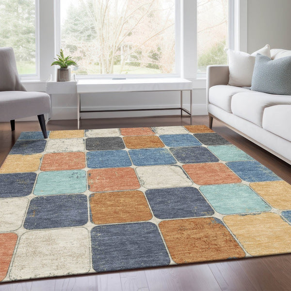 HomeRoots 5' Stylish Geometric Area Rug in Rust and Denim Blue - Durable, Washable for Indoor/Outdoor Use 5' X 8' 626949
