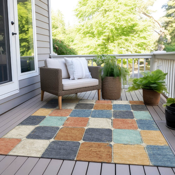 HomeRoots 5' Stylish Geometric Area Rug in Rust and Denim Blue - Durable, Washable for Indoor/Outdoor Use 5' X 8' 626949