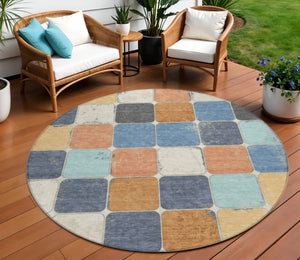 HomeRoots 5' Stylish Geometric Area Rug in Rust and Denim Blue - Durable, Washable for Indoor/Outdoor Use 8' Round 626950