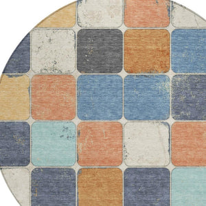 HomeRoots 5' Stylish Geometric Area Rug in Rust and Denim Blue - Durable, Washable for Indoor/Outdoor Use 8' Round 626950