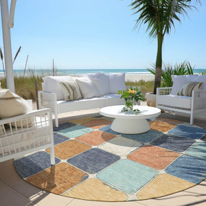 HomeRoots 5' Stylish Geometric Area Rug in Rust and Denim Blue - Durable, Washable for Indoor/Outdoor Use 8' Round 626950
