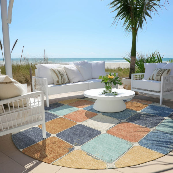 HomeRoots 5' Stylish Geometric Area Rug in Rust and Denim Blue - Durable, Washable for Indoor/Outdoor Use 8' Round 626950