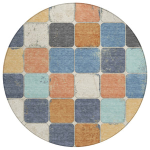 HomeRoots 5' Stylish Geometric Area Rug in Rust and Denim Blue - Durable, Washable for Indoor/Outdoor Use 8' Round 626950