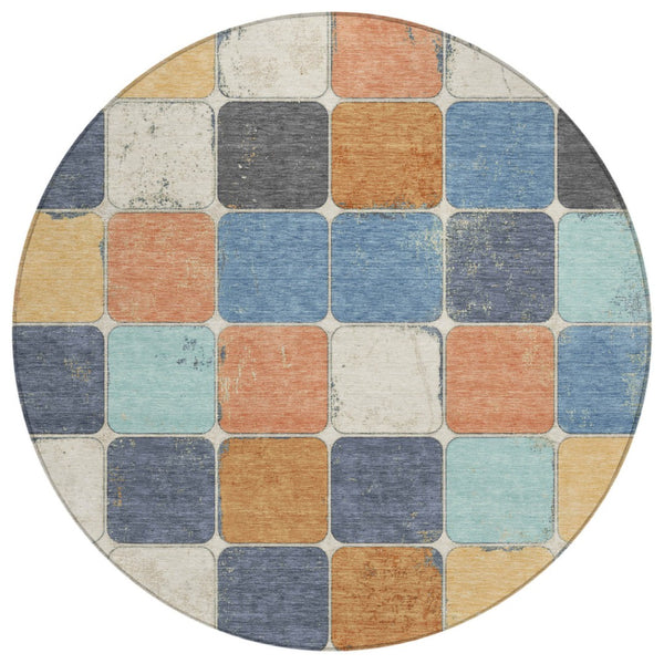 HomeRoots 5' Stylish Geometric Area Rug in Rust and Denim Blue - Durable, Washable for Indoor/Outdoor Use 8' Round 626950